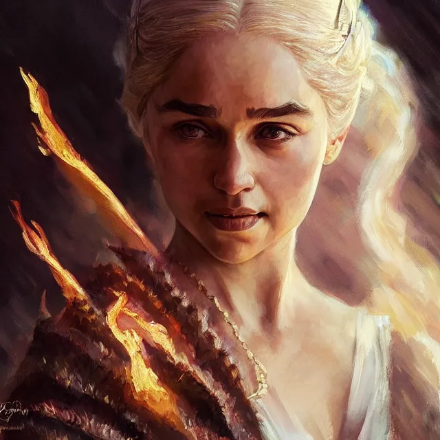 Prompt: Daenerys Targaryen as a firebender, portrait, elegant, intricate, digital painting, artstation, concept art, smooth, sharp focus, illustration, art by konstantin korovin and Daniel F. Gerhartz and john howe