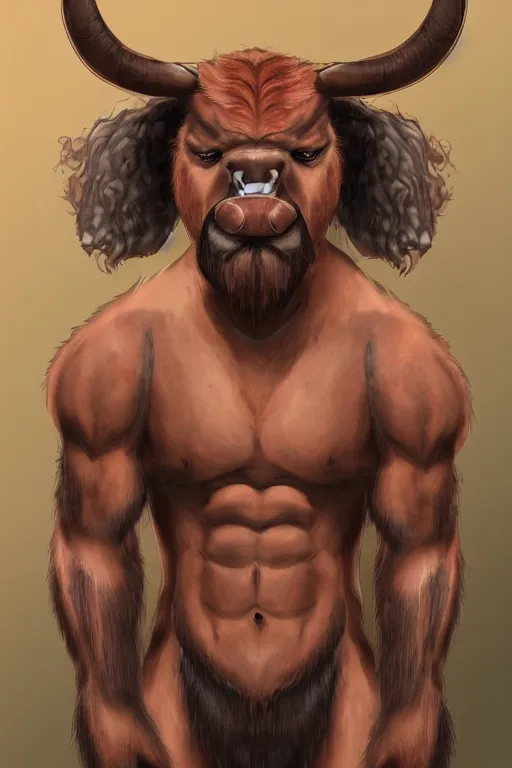 Image similar to portrait of a muscular bull man barbarian, fursona, furry art