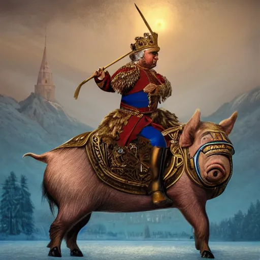 Prompt: an extremely realistic portrait depicting hungarian king viktor orban dressed in royal national costume, riding a pig on the frozen danube, detailed, intricate, elegant, highly detailed, digital painting, artstation, concept art, smooth, sharp focus, illustration,