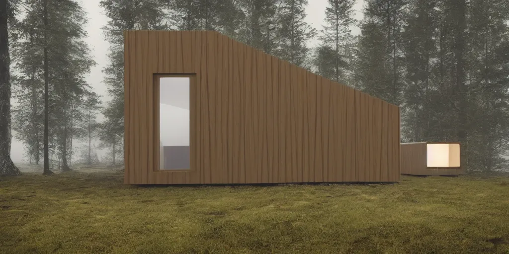 Prompt: the tiny cabin made of panels of ZINK cladding in Norvegia coast side, foggy day, hyper realistic, Future design, architecture design, foggy, organic form, foggy, environment, Cinematography, mega scans, sloped site, cinematic, hyper realistic, photo real, cinematic composition, highly detailed, vray, 8k render - H 1024