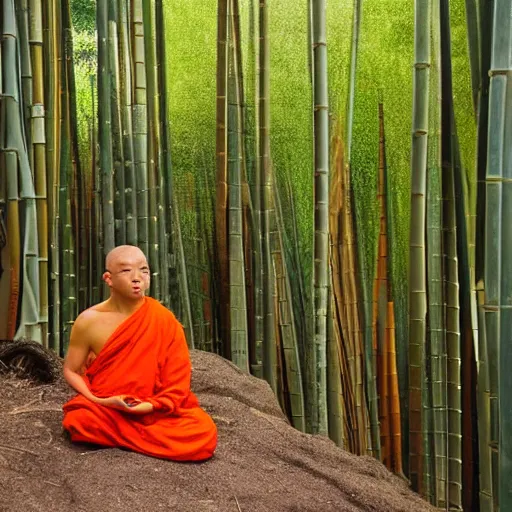 Prompt: a high quality photo of a panda monk, wearing orange clothes, meditating, sitting in front of a temple. bamboo forest in the background.