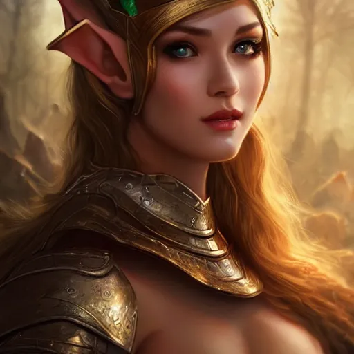 Prompt: a beautiful female photo, fantasy elf. professionally retouched, soft lighting, wearing armour, realistic, smooth face, perfect eyes, wide angle, sharp focus on eyes, 8 k high definition, insanely detailed, intricate, elegant, art by artgerm and wlop