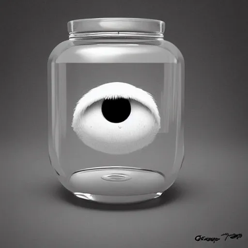 Image similar to cutie fluffy creature with big eyes in a jar, digital art, 3 d, octave render, masterpiece, mega detailed, pixar, disney, vivid illustration, fantasy, by george stubbs, frederic leighton, james jean