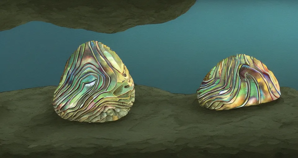 Image similar to painting of a tiny abalone seashell house in the ocean, by roger dean, john harris, cell shaded graphics, concept art, minimalist