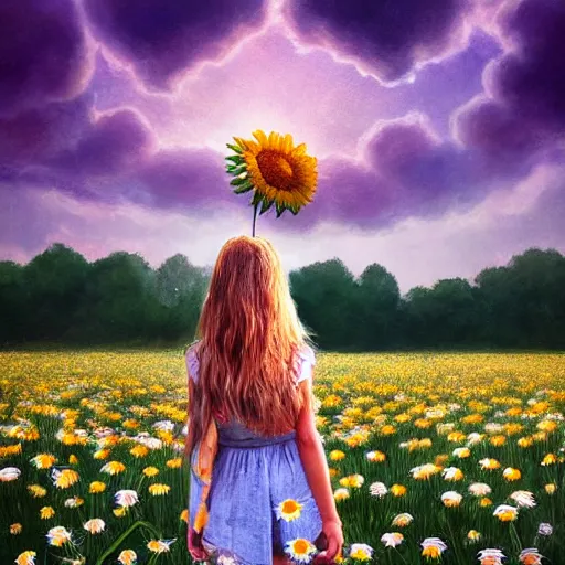 Prompt: head and face made of giant daisies, girl standing barefoot in a flower field, holding flowers, surreal photography, sunrise dramatic light, impressionist painting, colorful clouds, large sky, digital painting, artstation, simon stalenhag, flower face