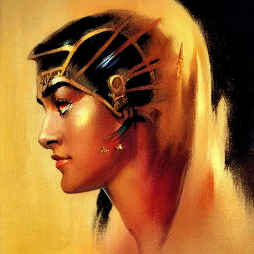 Image similar to a close up portrait of amazon, by frank frazetta, digital painting masterpiece, beautiful brush strokes, advanced lighting technology, symmetry