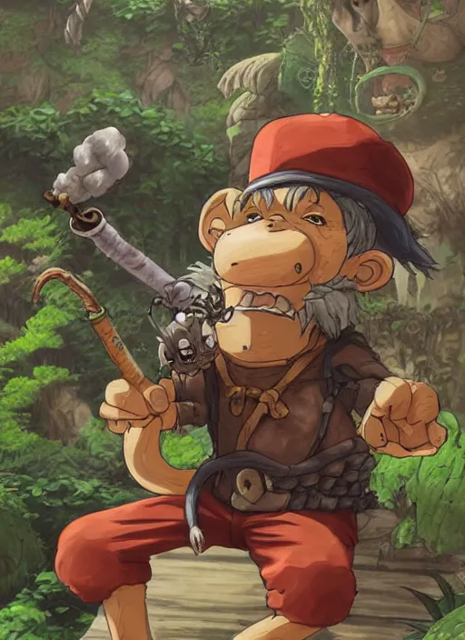 Image similar to studio ghibli pathfinder 2 e bestiary illustration of a goblin mixed with a monkey smoking a cigar, pirate themed, character portrait, unreal engine, hyper realism, realistic shading, cinematic composition, realistic render, octane render, detailed textures, photorealistic, wide shot