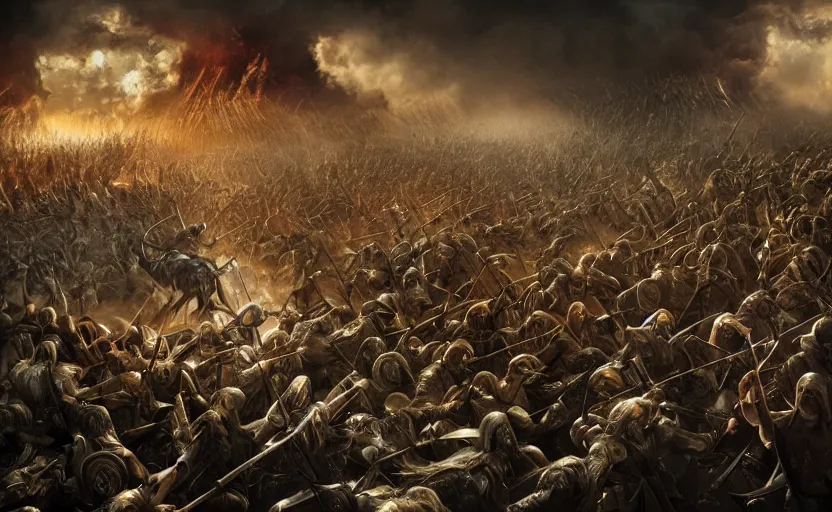 Image similar to stunning photograph of the battle of the pelennor fields, detailed, by erwin olaf, joop geesink, lisa frank, brian froud, 8 k resolution, beautiful lighting, studio light, extremely detailed, establishing shot, realistic materials, hyperrealistic