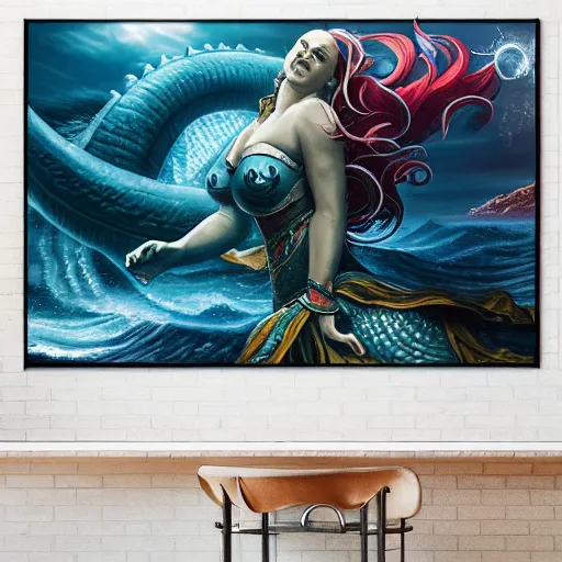 Image similar to warrior sea goddess full frame battling leviathan, beautiful composition, wide angle, colorful, cinematic, volumetric lighting, intricate details painting