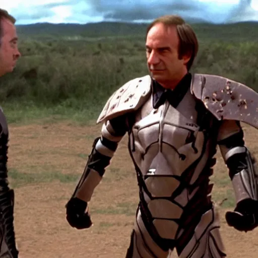 Image similar to Saul Goodman in Starship Troopers armor fighting bugs on Klendathu