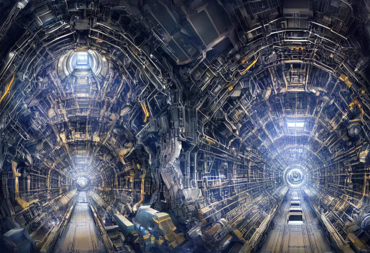 Image similar to inside of cern large hadron collider, pulled apart, ultra high definition, ultra detailed, matte painting, by greg rutkowski and ross tran and wlop