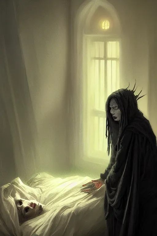 Image similar to death waking up from the bed , death is wearing black robe, together with him Vesa Matti Loiri sunrise coloring the room,fantasy, intricate, elegant, highly detailed, digital painting, artstation, concept art, smooth, sharp focus, illustration, art by Ilja Repin