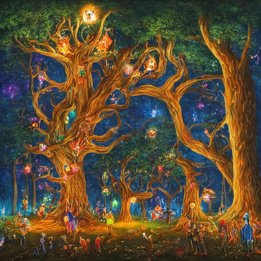Prompt: a night carnival around a magical tree cavity, with a surreal orange moonlight and fireworks in the background, next to a lake with iridiscent water, christmas lights, folklore animals and people disguised as fantastic creatures in a magical forest by summer night, masterpiece painted by richard burchett, dark night environment