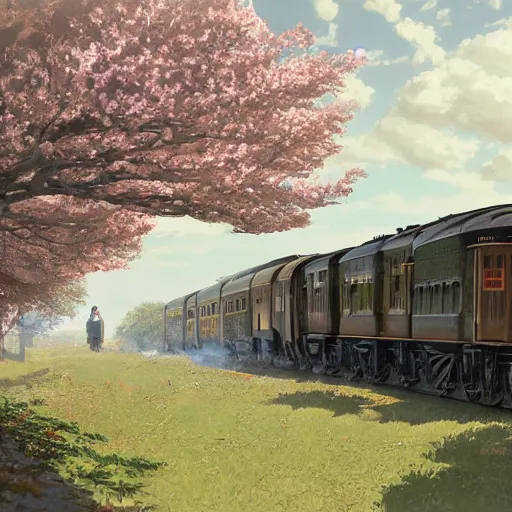 Image similar to concept art painting of a historic transverse view of a steam train, the train carries a cherry tree in flower, realistic, detailed, cel shaded, in the style of makoto shinkai and greg rutkowski and james gurney