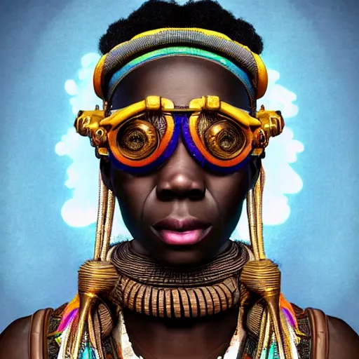 Image similar to colourful vfx upper half - portrait - art of a african tribal chief wearing steam punk goggles, art by utagawa kunisada & james jean, symmetrical, intricate detail, concept art, volumetric light, ray tracing, caricature, digital illustration, digital painting, octane 3 d render, unreal engine, sharp, pinterest, behance, art station,