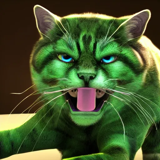 Image similar to photorealistic 8k render of a supermutant enhanced green cat with long moustache and strong muscles