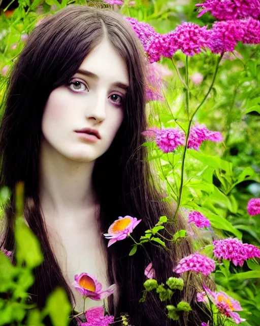 Image similar to an stunning beautiful girl is surrounded by colourful pre - raphaelites flowers and plants, symmetric face and eyes, manga style, long straight black hair, visible face 8 k, soft focus, melanchonic soft light, volumetric lighting, highly detailed realistic, refined, highly detailed, soft blur outdoor lighting, fine art fashion photography 5 0 mm f 2