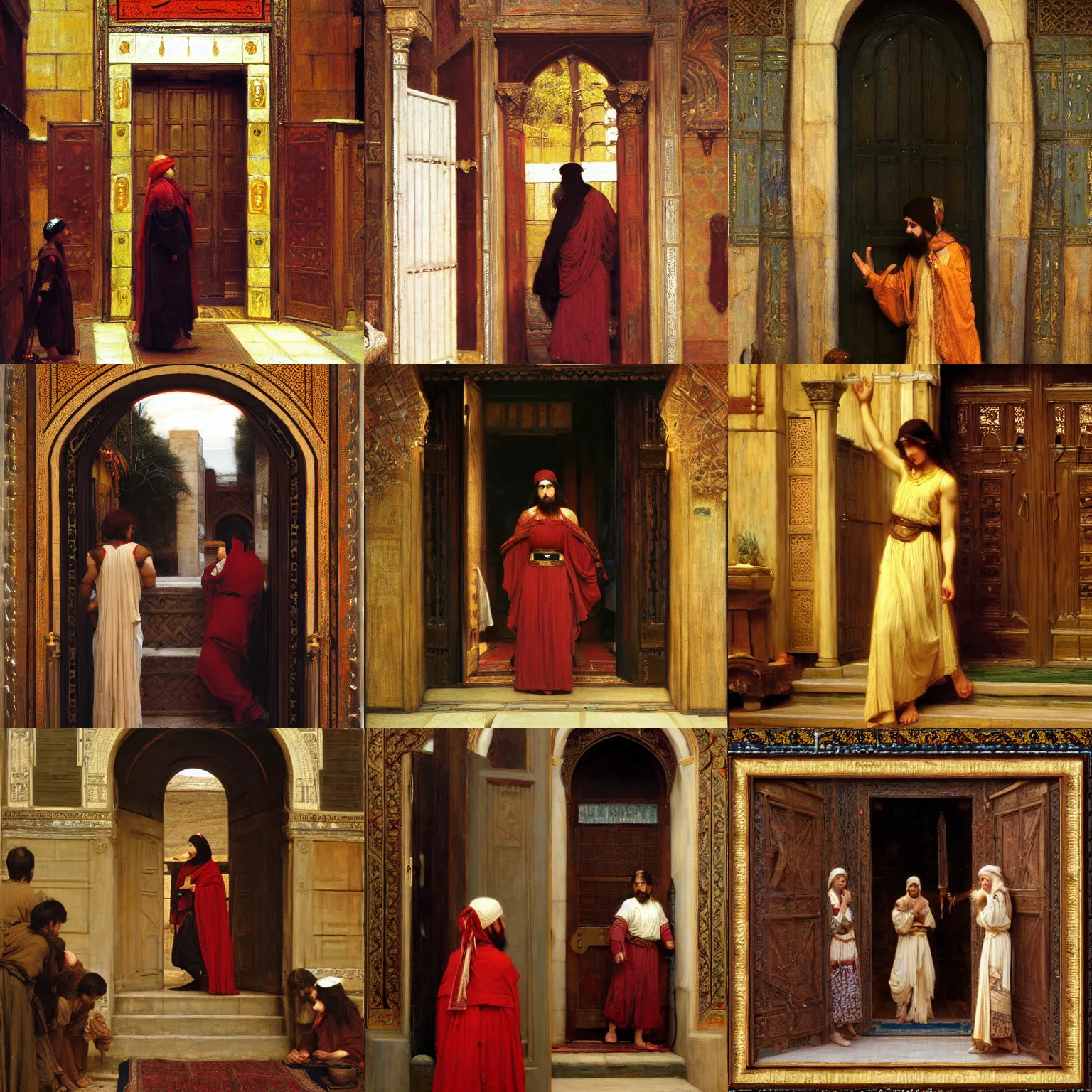 Prompt: orientalist painting the pilgrim's door intricate painting by john william waterhouse and Edwin Longsden Long and Theodore Ralli and Nasreddine Dinet, oil on canvas. Cinematic, hyper realism, dramatic lighting, high detail 8k