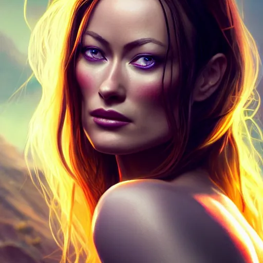 Image similar to Olivia Wilde, beautiful eyes, fantasy, beautiful face, vivid colors, elegant, concept art, sharp focus, digital art, Hyper-realistic, 4K, Unreal Engine, Highly Detailed, HD, Dramatic Lighting by Brom, trending on Artstation