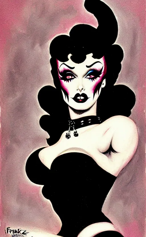 Image similar to burlesque psychobilly, rockabilly, punk, goth girl with a detailed face and black hair, white background, illustration by frank frazetta