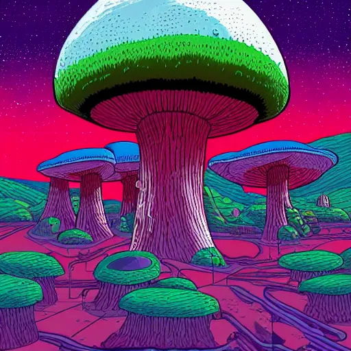 Image similar to a sci fi landscape with a giant mushroom kingdom by Dan Mumford
