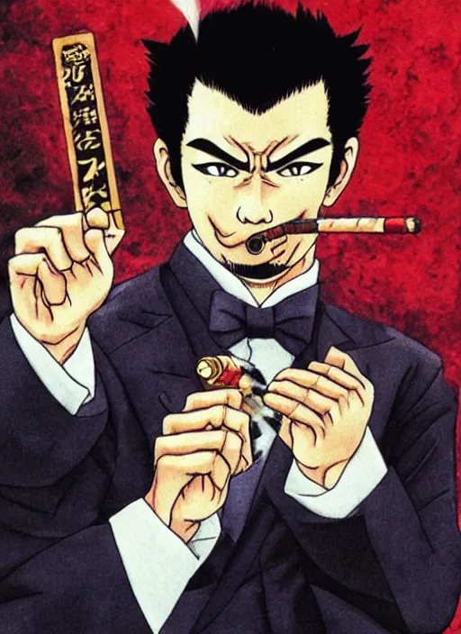 Prompt: heihachi!!!!!!! mishima dressed formally, with cigar, by keisuke itagaki, manga, tekken