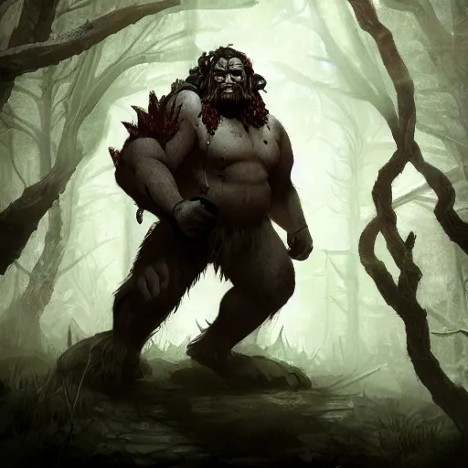 Prompt: an ettin from dnd in a dark forest, digital art, high quality render, artstation