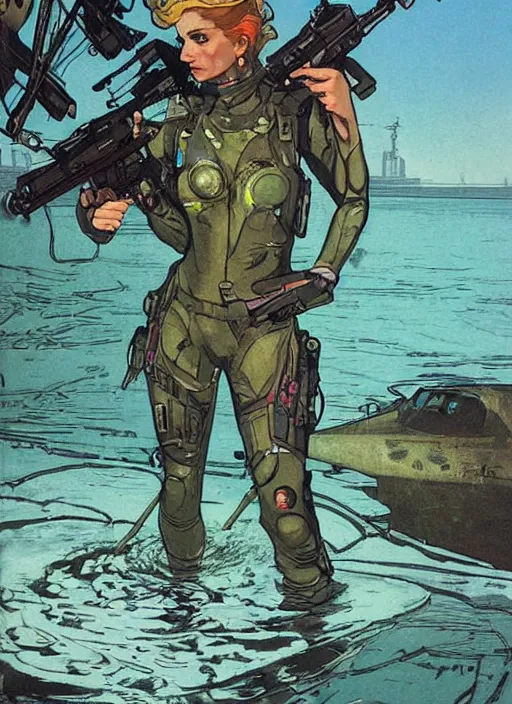 Prompt: Sonya. USN blackops operator emerging from water at the shoreline. Agent wearing Futuristic wetsuit and looking at an abandoned shipyard. rb6s, MGS, and splinter cell Concept art by James Gurney, Alphonso Mucha. Vivid color scheme.