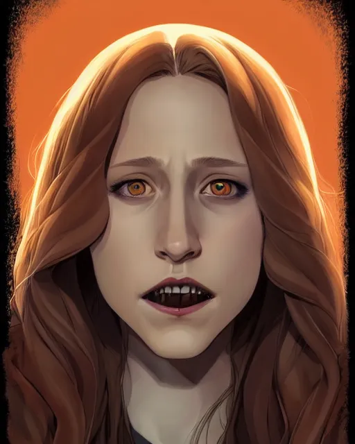 Image similar to in the style of Joshua Middleton and artgerm, beautiful evil vampire Taissa Farmiga sharp bloody vampire fangs open mouth, yellow eyes, symmetrical eyes, realistic face, symmetrical face, brown leather jacket, jeans, long black hair, full body, moody lighting