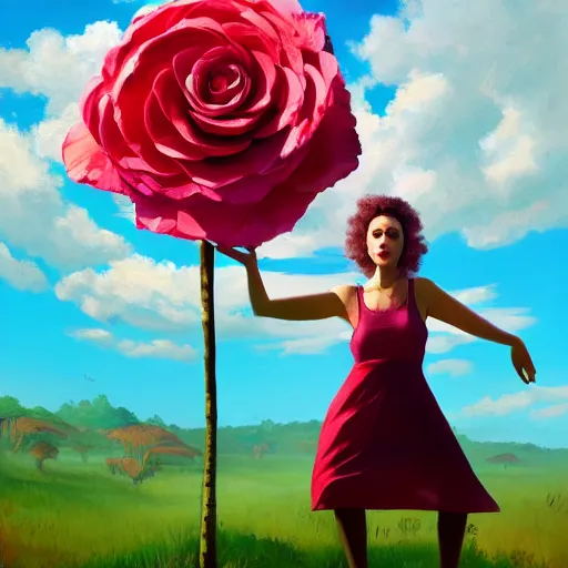 Image similar to portrait, giant rose flower head, girl dancing in a suit, surreal photography, sunrise, blue sky, dramatic light, impressionist painting, digital painting, artstation, simon stalenhag