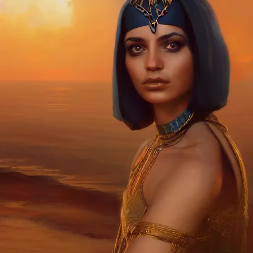 Image similar to closeup portrait of a young mia kunis as cleopatra, palace background, dramatic light, gorgeous view, depth, high detail, digital art, painted by greg rutkowski, trending on artstation