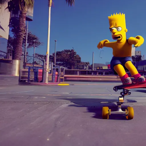 Prompt: (Bart Simpson) skateboarding at a playground in Night City Cyberpunk 2077, muted cyberpunk style, high energy, desolate, atmospheric, hazy, sweltering, autochrome, 8K, 4K, reflections, octane render, unreal engine 5