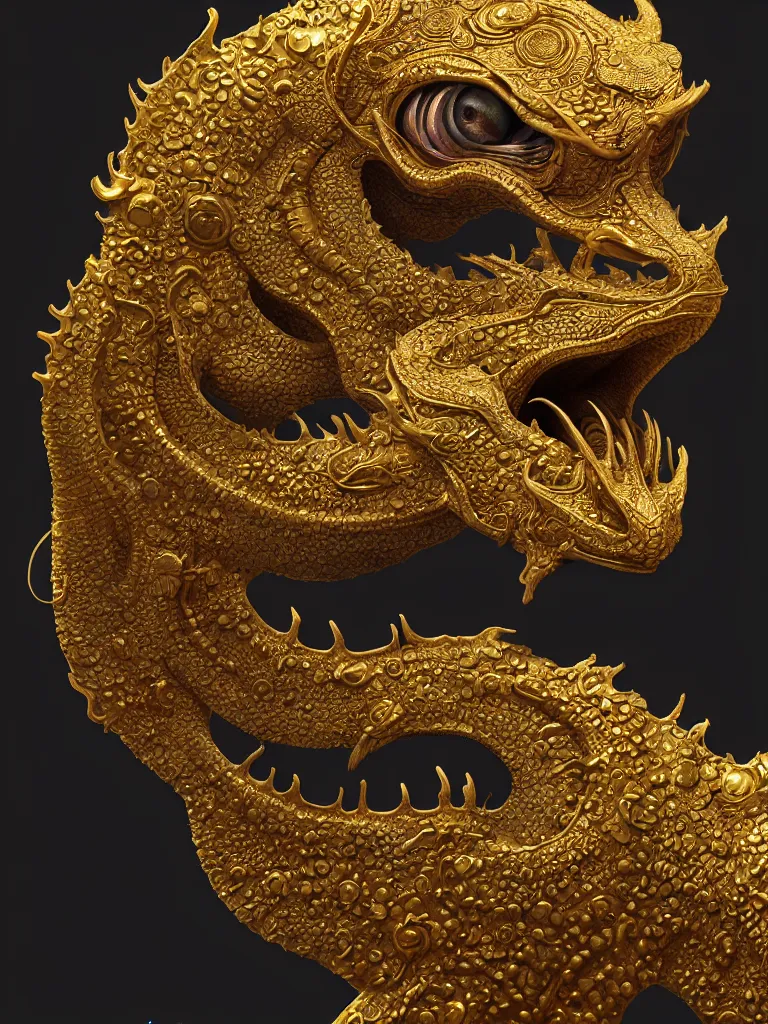 Image similar to close-up portrait dragon head, 3d composition, mucha, New art nouveau, gold betta fish, bioluminescent, intricate artwork by Tooth Wu and wlop and beeple. octane render, trending on artstation, greg rutkowski very coherent symmetrical artwork. cinematic, hyper realism, high detail, octane render, black studio background, 8k