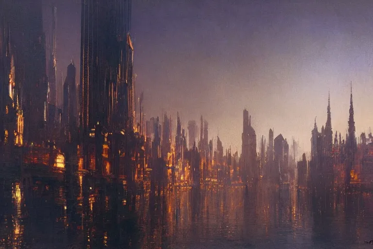 Image similar to city of golden shadows, intricate detailed painting, cityscape, john harris, reflective lighting