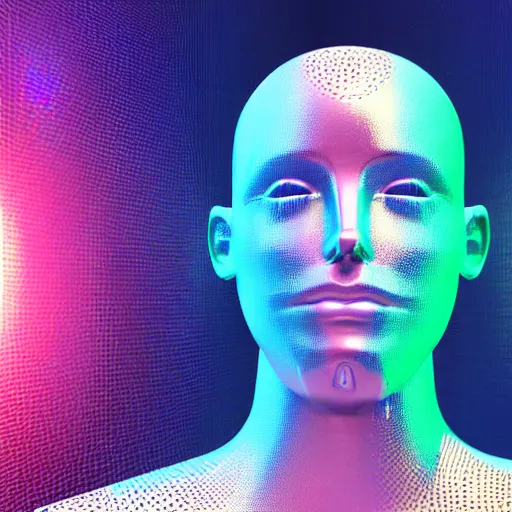 Image similar to 3d render of holographic human robotic head made of glossy iridescent, surrealistic 3d illustration of a human face non-binary, non binary model, 3d model human, cryengine, made of holographic texture, holographic material, holographic rainbow, concept of cyborg and artificial intelligence