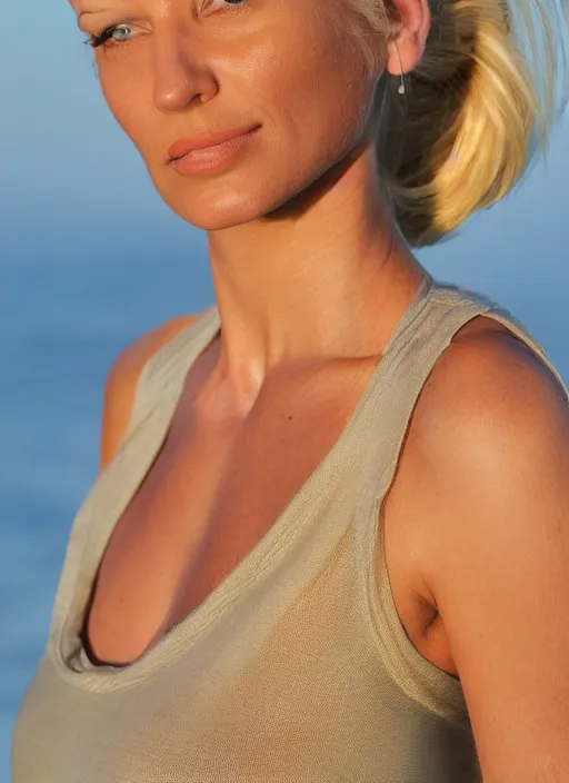 Image similar to color photograph of an olive skinned blonde female model in her early thirties, her hair pinned up, wearing a designer top, looking content, focused on her neck, facing the camera, photo realistic, extreme detail skin, natural beauty, no filter, slr, golden hour, 4 k, high definition, selfie