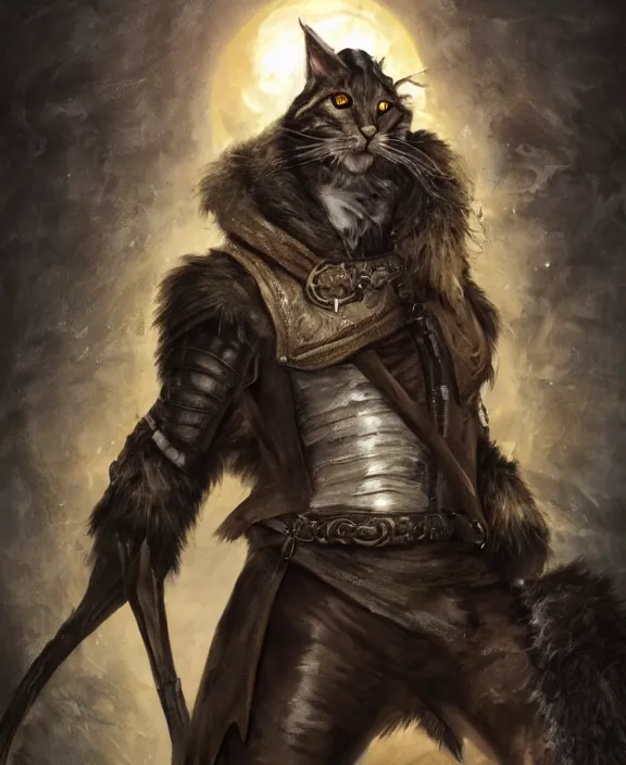 Image similar to humanoid male khajiit rogue with a scar on left eye, wearing leather armor with a hood, mainecoon cat features with jet black fur, far - mid shot, magic the gathering, fantasy