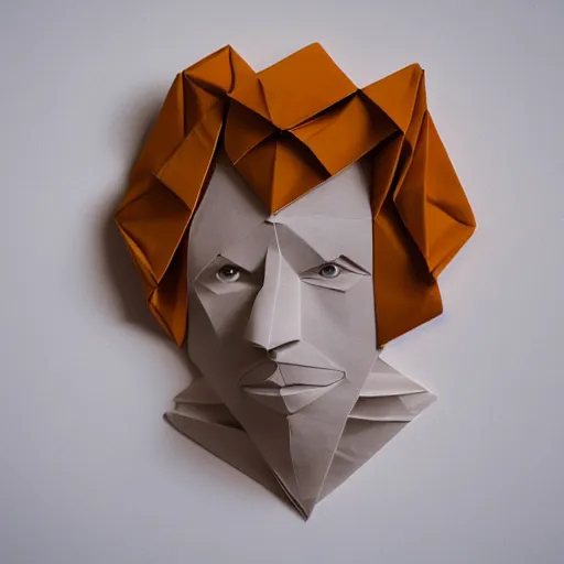 Prompt: an origami portrait of a caucasian man with wavey short hair, made from paper, friedly smile, raised eyebrows, great composition, ambient light