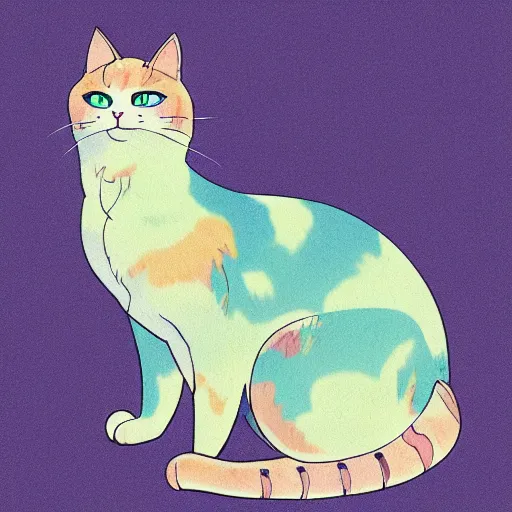 Image similar to illustrated chonky calico calico-cat!!!!!! In the style of Studio Ghibli!!! Calico, Colorful