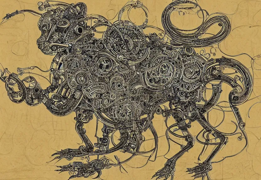 Image similar to 1 / 4 schematic blueprint of highly detailed ornate filigreed convoluted ornamented elaborate cybernetic rat, full body, character design, middle of the page, art by da vinci