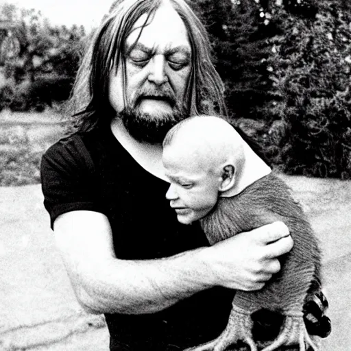 Image similar to robert wyatt cradling a goblin like a baby, photograph