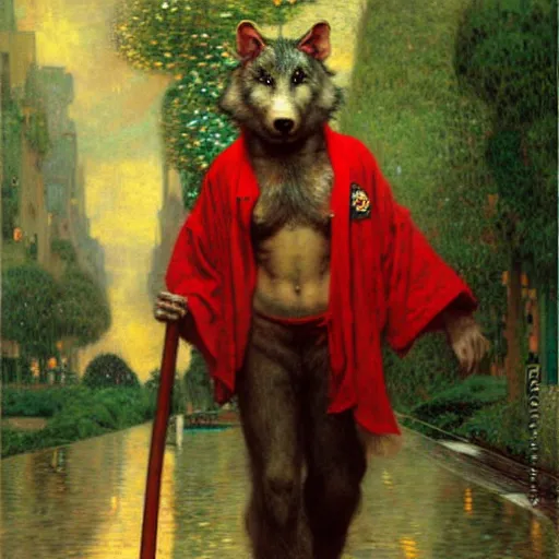 Prompt: a male ratwolfman rat wolf man in a red kimono furry arms furry body walking stick new york. furaffinity furry art detailed face painting by gaston bussiere craig mullins jc leyendecker gustav klimt artgerm greg rutkowski furry