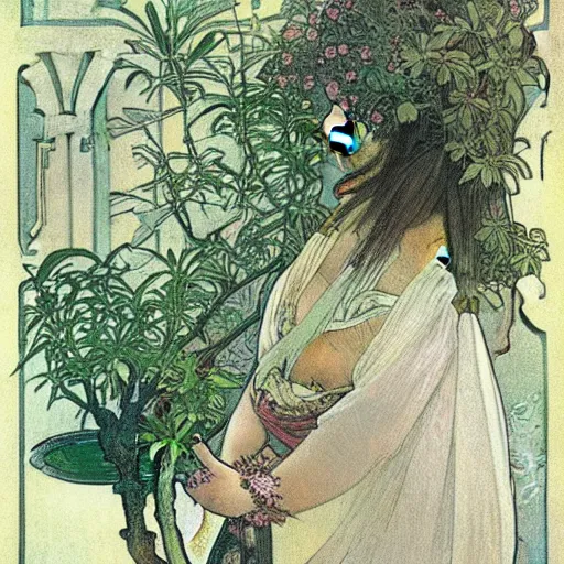 Image similar to “ a girl looking down at a bonsai, very detailed, by alphonse mucha ”