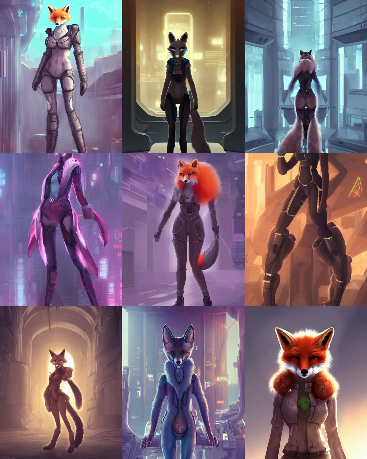 Prompt: a female fox fursona, standing in a futuristic plaza with massive pillars, trending on artstation, by kawacy, furry art, digital art, cyberpunk, high quality, backlighting