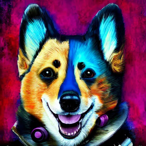 Prompt: an epic painting of a cyberpunk corgi dog, by Tooth Wu