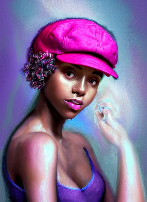 Image similar to portrait of teenage vanessa morgan with bright pink hair, black girl, vanessa morgan, curly pixie cut hair, wearing newsboy cap, newsboy cap, hoop earrings, intricate, elegant, glowing lights, highly detailed, digital painting, artstation, concept art, smooth, sharp focus, illustration, art by wlop, mars ravelo and greg rutkowski