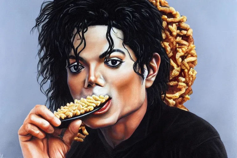 Image similar to michael jackson eating a funnel cake portrait in oil on black velvet, in frame, 4 k, hyper - realistic