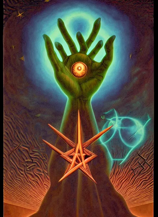 Image similar to antediluvian occult cosmology, panspermia, occult magic hand gestures, magick ritual hand signs, by joe jusko and remedios varo and daniel arsham and robert hooke, rule of thirds, vivid colours, negative space, atmospheric, digital painting, artstation, concept art, smooth, sharp focus