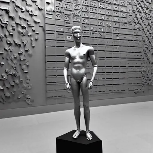 Image similar to “a realistic detailed photo of a guy who is an attractive humanoid who is half robot and half humanoid, who is a male android, actor Liam Hemsworth, shiny skin, posing like a statue, blank stare, at the museum, on display”