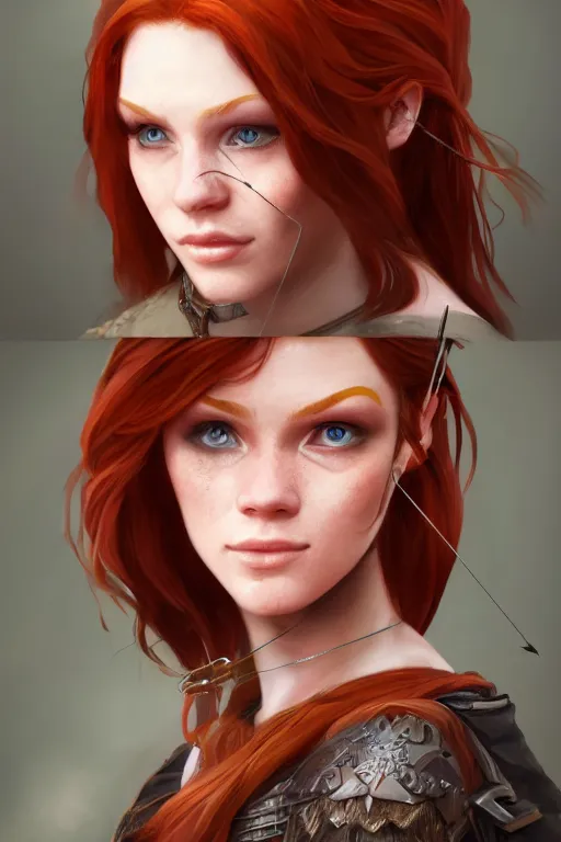 Image similar to Protrait of a Beautiful redhead archer, high fantasy, detailed face, artstationhd, trending on artstation